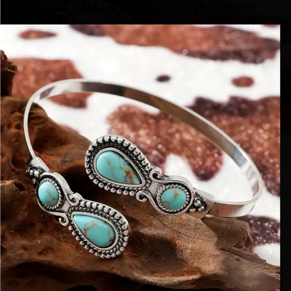 Boho Silver Wrap Cuff Bracelet with Turquoise Stone Accents - Picture 4 of 5